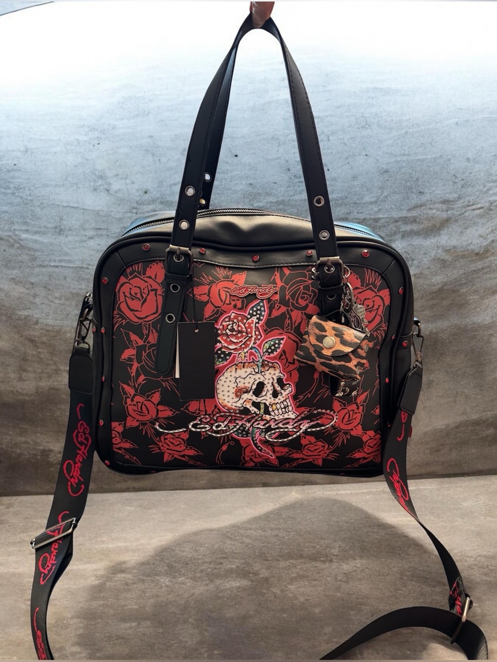 Ed Hardy Black & Red Skull Rose Satchel with Stud Accents